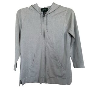 Lauren Ralph Lauren Sz S 3/4 Sleeve Zip Up Hooded Silk Blend Sweater Jacket